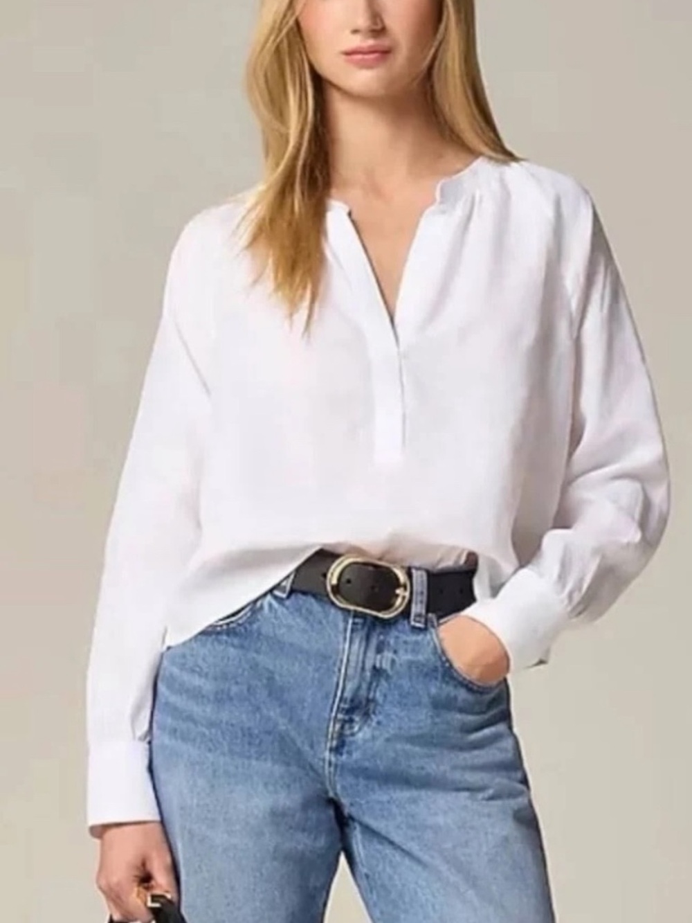 J. Crew White Linen Split V-Neck Long-Sleeve Blouse